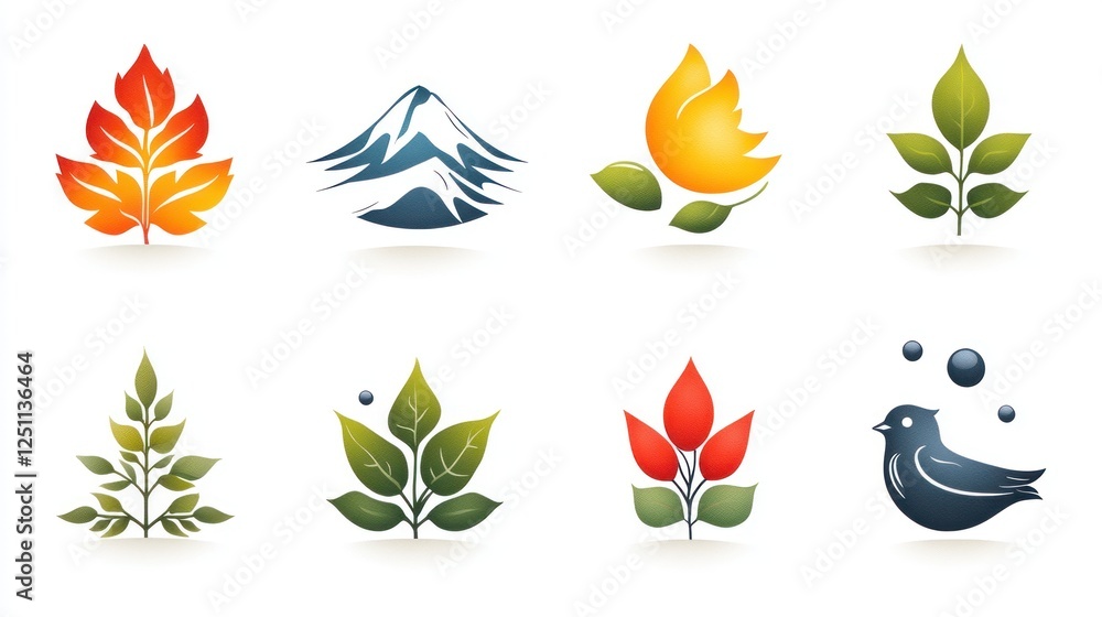 Fototapeta premium Eight stylized nature logos showcasing leaves mountains and a bird