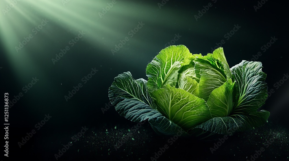Obraz premium Green cabbage illuminated dramatically against a dark background.