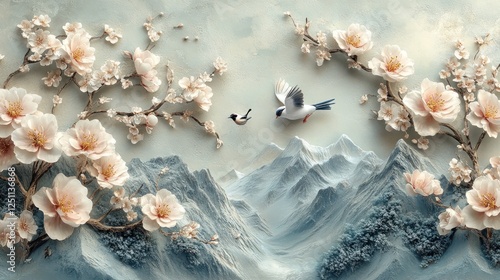 Wallpaper Mural Birds fly amidst peach blossoms, mountain backdrop; wall art Torontodigital.ca
