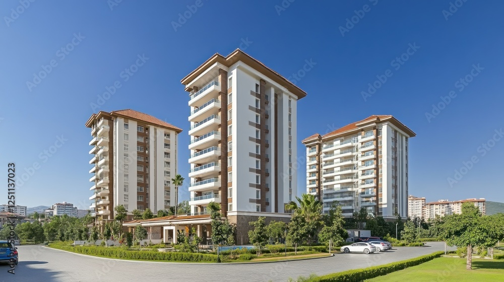 Modern apartment complex, sunny day, landscaped grounds, residential area Modern apartment complex, sunny day, landscaped grounds, residential area