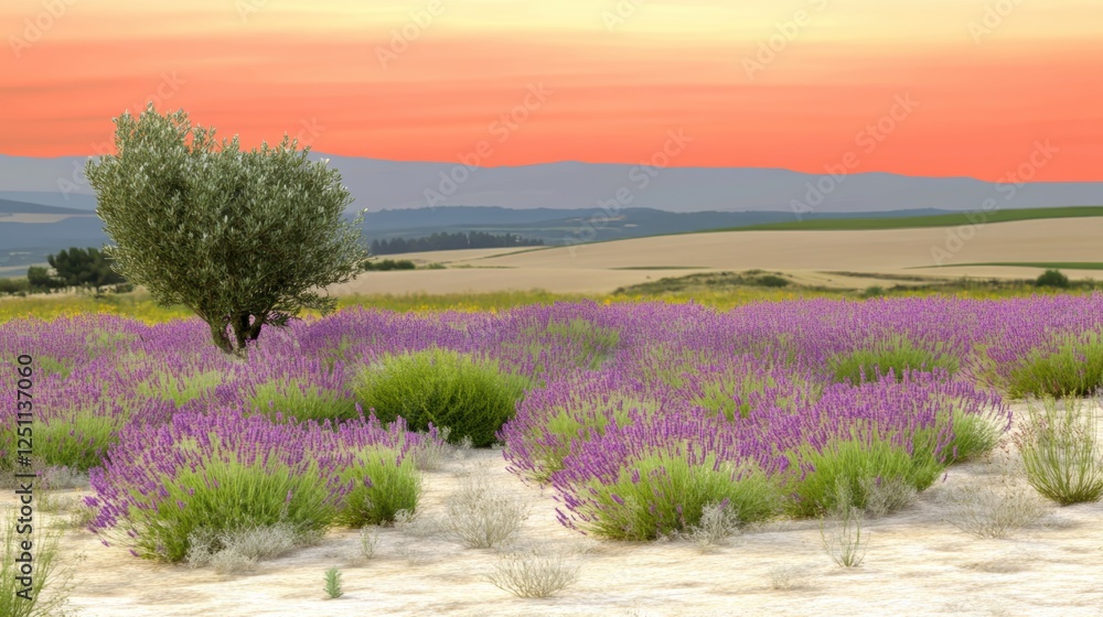 Obraz premium A serene landscape featuring vibrant lavender fields under a colorful sunset.