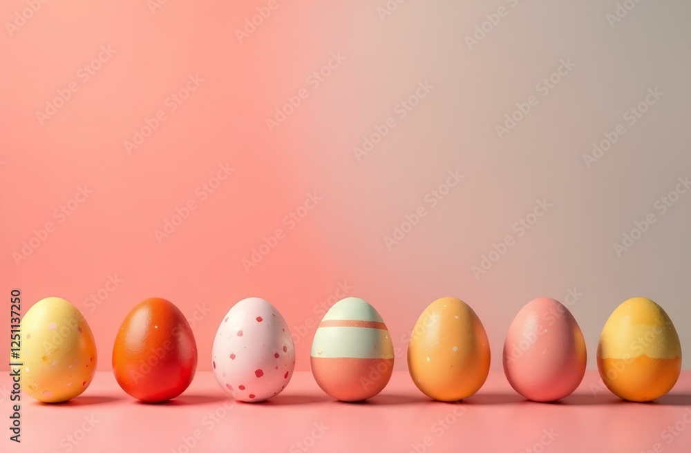 Decorated Easter eggs in soft tones on pink surface Decorated Easter eggs in soft tones on pink surface