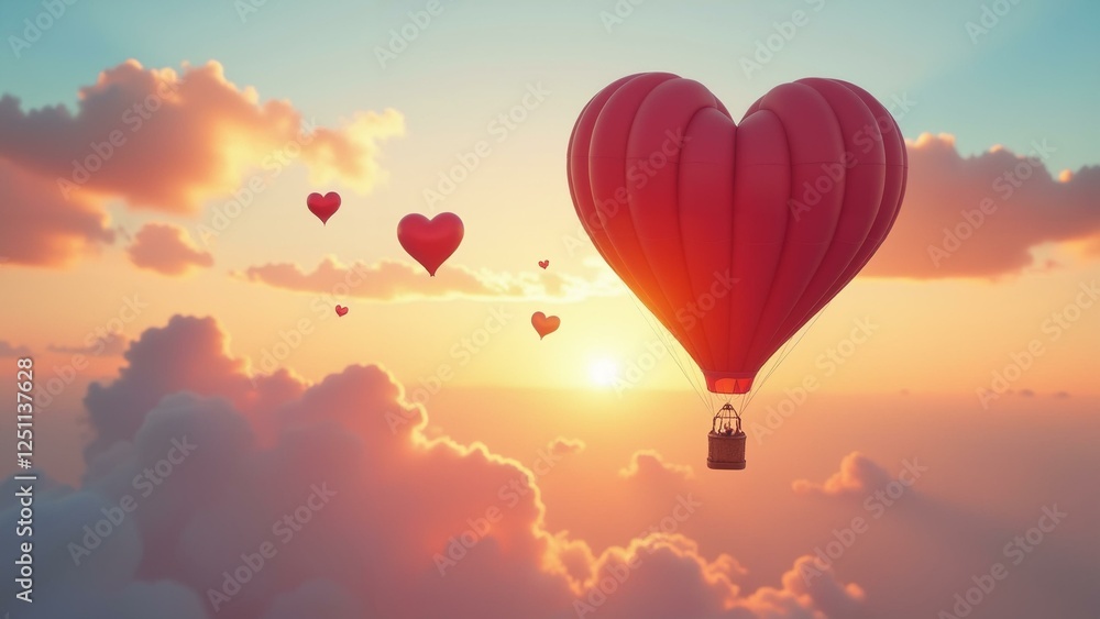 Obraz premium A serene hot air balloon floats through a colorful sunset sky, surrounded by heart-shaped clouds.