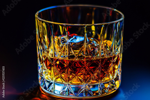 Whiskey glass with ice on a vibrant background photo