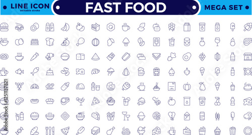 Fast food outline icons. Fast food vector icon line set. Burger sandwich pizza hot dog cola coffee sweets. Editable stroke outline icon.
