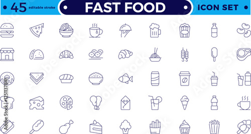 Fast food outline icons. Fast food vector icon line set. Burger sandwich pizza hot dog cola coffee sweets. Editable stroke outline icon.
