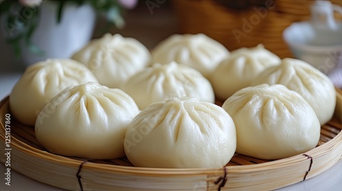 Wallpaper Mural Delicious steamed buns served on a traditional bamboo steamer basket Torontodigital.ca