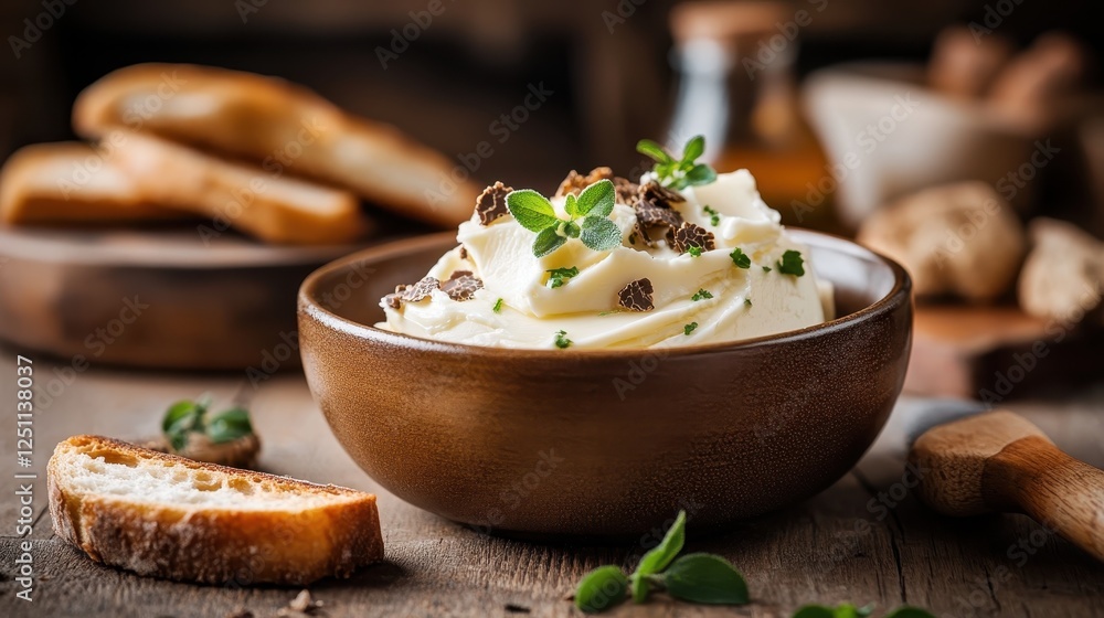 A beautifully arranged bowl of creamy dip accompanied by crispy bread and garnished with fresh herbs, making an appealing and delicious gourmet presentation. A beautifully arranged bowl of creamy dip accompanied by crispy bread and garnished with fresh herbs, making an appealing and delicious gourmet presentation.