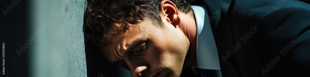 Fototapeta premium Close-up of Stressed Man Leaning Against Wall