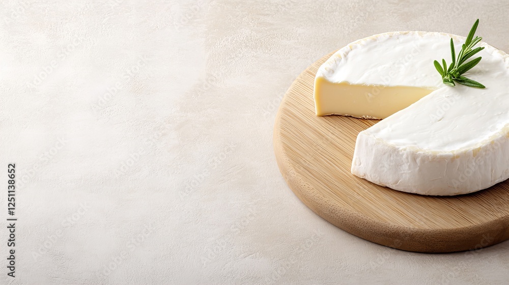 A wheel of creamy cheese sits on a wooden board, a sprig of rosemary adding a touch of elegance. A wheel of creamy cheese sits on a wooden board, a sprig of rosemary adding a touch of elegance.