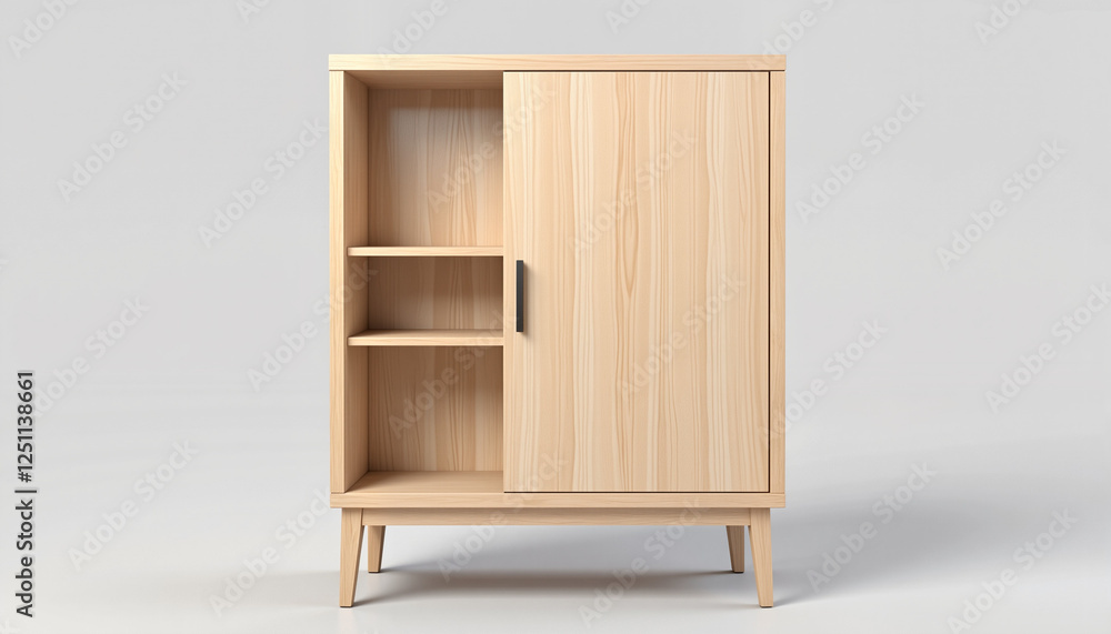Wooden storage cabinet with open shelves and closed door Wooden storage cabinet with open shelves and closed door