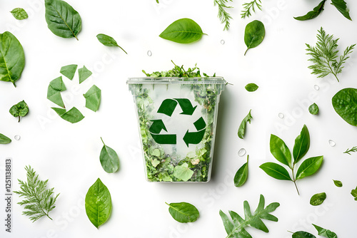 recycle bin surrounded by eco-friendly elements like leaves set in minimalist composition. This image symbolizes sustainability nature conservation harmony between the environment and responsible. photo