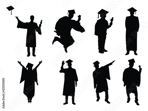 Graduate, student in graduation cap silhouette vector. University Students or graduates celebrating silhouettes vector art on white background