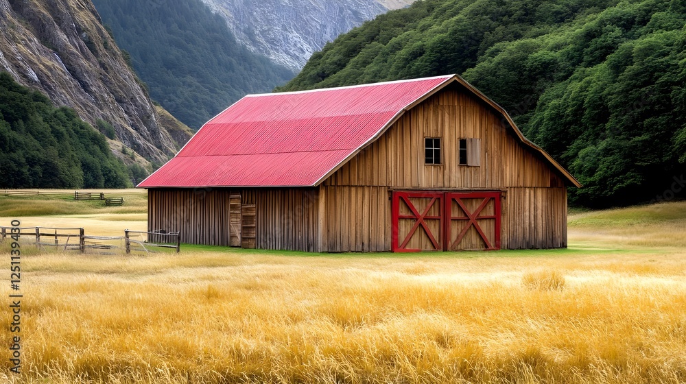Fototapeta premium Red Barn in Mountain Valley Landscape - Nature Photography