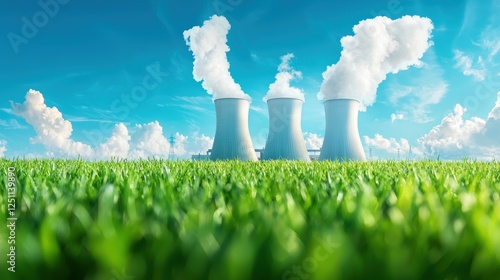 A panoramic view of a nuclear power plant with its iconic cooling towers releasing steam into the atmosphere, highlighting the scale and potential of this energy source. photo