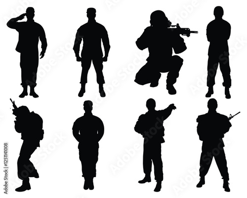 Silhouette of military army with weapons, usa men soldiers with rifle, salute soldier and american veteran. Independence or memorial day background with army soldier silhouette vector