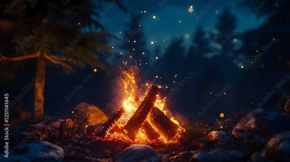Vibrant campfire glowing brightly in a serene winter forest landscape surrounded by tall pine trees and a dusting of snow under the starry night sky Cozy atmospheric Vibrant campfire glowing brightly in a serene winter forest landscape surrounded by tall pine trees and a dusting of snow under the starry night sky Cozy atmospheric
