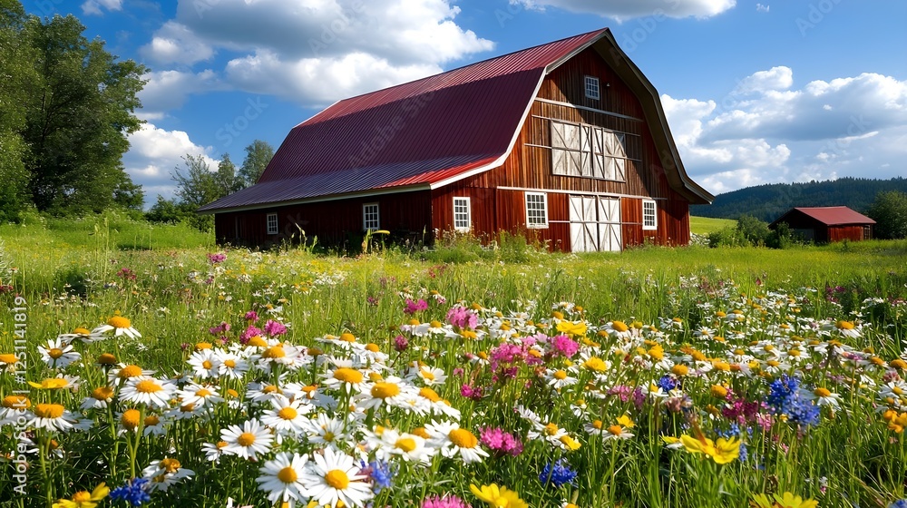 Red Barn, Wildflower Meadow, Summer - Rustic charm Red Barn, Wildflower Meadow, Summer - Rustic charm