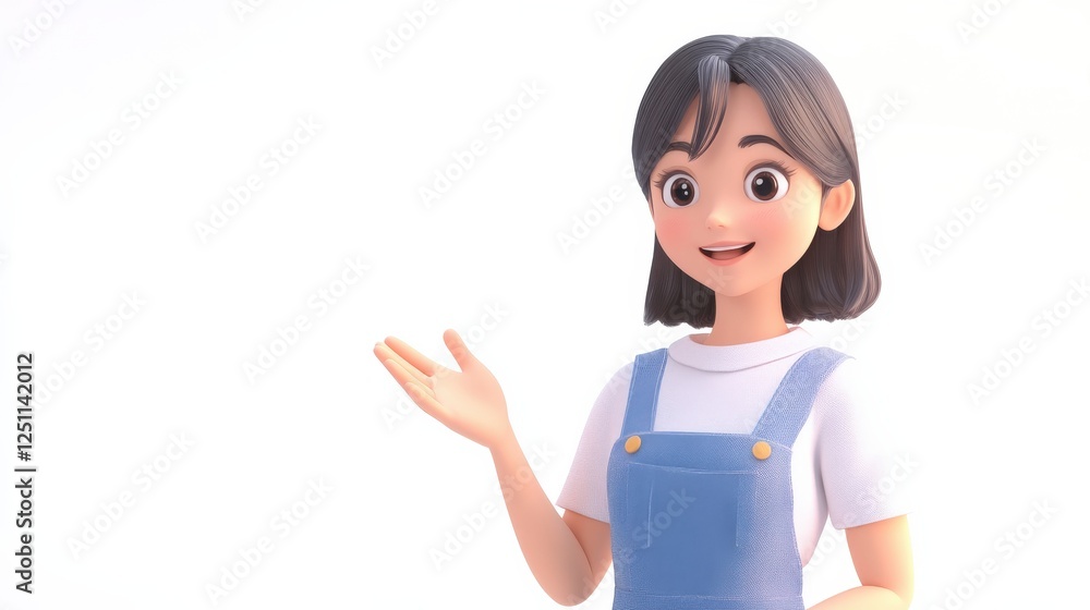 Smiling cartoon character with short hair presenting gesture in casual outfit Smiling cartoon character with short hair presenting gesture in casual outfit