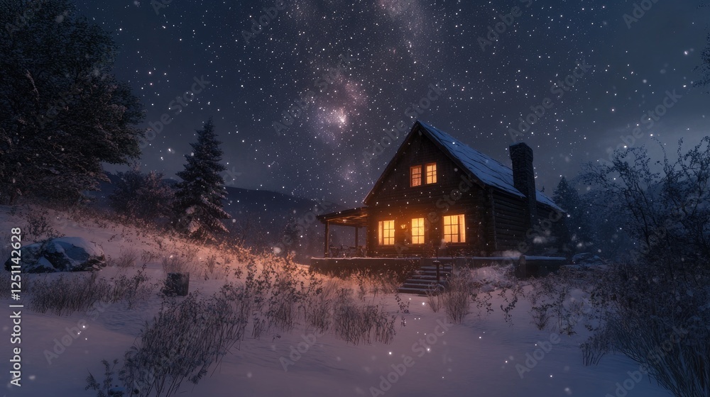 A serene winter cabin with glowing windows, surrounded by snow and framed by a dazzling starry night sky A serene winter cabin with glowing windows, surrounded by snow and framed by a dazzling starry night sky