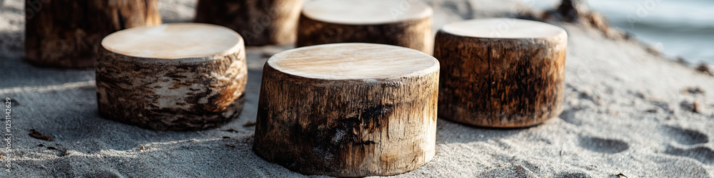 Arrangement of Six Weathered Wooden Stumps on Sand Arrangement of Six Weathered Wooden Stumps on Sand