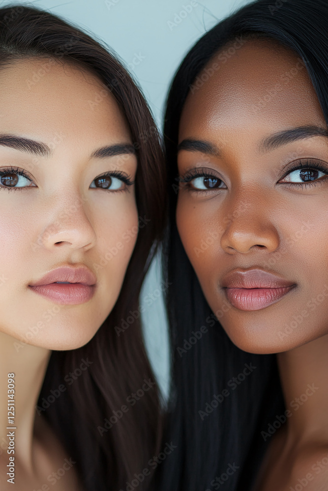 Close-up of two women, one with dark skin and the other with light skin, both with natural makeup and healthy skin. This image represents diversity, beauty, and the unity between different ethnicities Close-up of two women, one with dark skin and the other with light skin, both with natural makeup and healthy skin. This image represents diversity, beauty, and the unity between different ethnicities