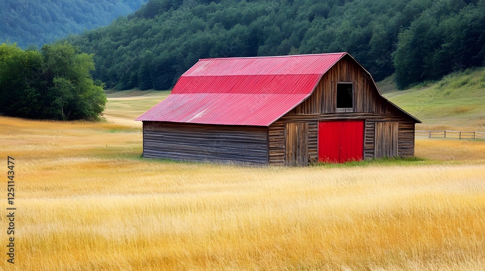 Red Barn in Golden Field, Mountain View - Rustic/Vintage Red Barn in Golden Field, Mountain View - Rustic/Vintage
