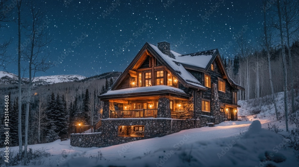 A cozy, snow-covered cabin in the mountains with warm lights glowing and a clear starry sky twinkling above A cozy, snow-covered cabin in the mountains with warm lights glowing and a clear starry sky twinkling above