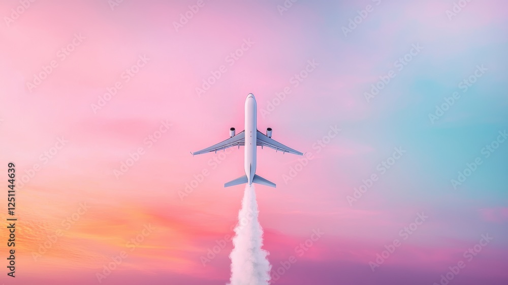 Naklejka premium A cargo plane taking off against a backdrop of a colorful sunset sky, leaving a trail of white smoke, symbolizing the international transportation of goods.