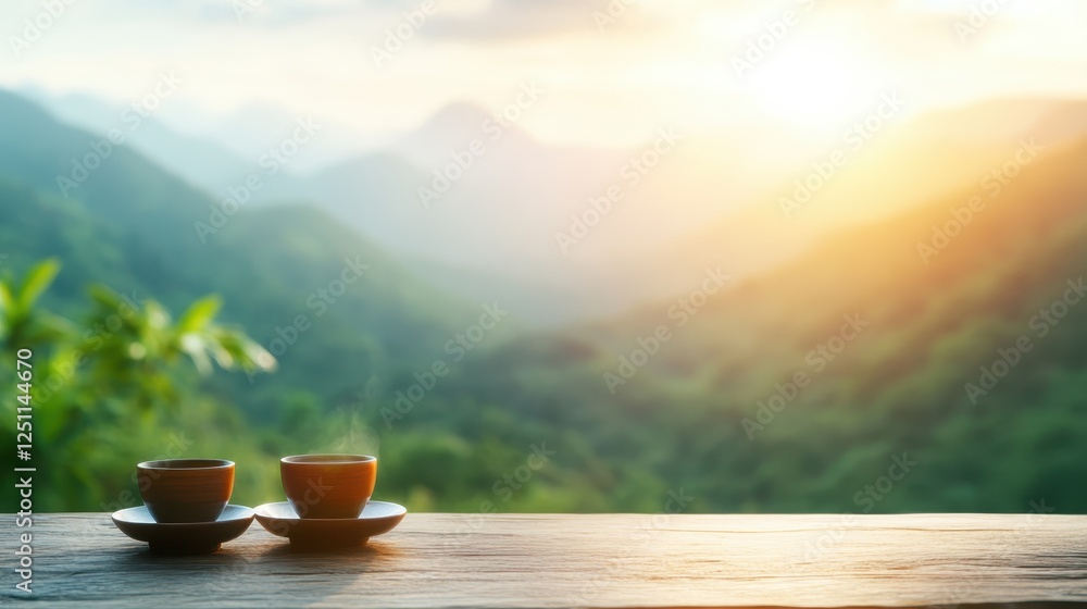 Two steaming tea cups on a wooden table with a picturesque mountain view at sunset, capturing the essence of tranquility and connection with nature. Two steaming tea cups on a wooden table with a picturesque mountain view at sunset, capturing the essence of tranquility and connection with nature.