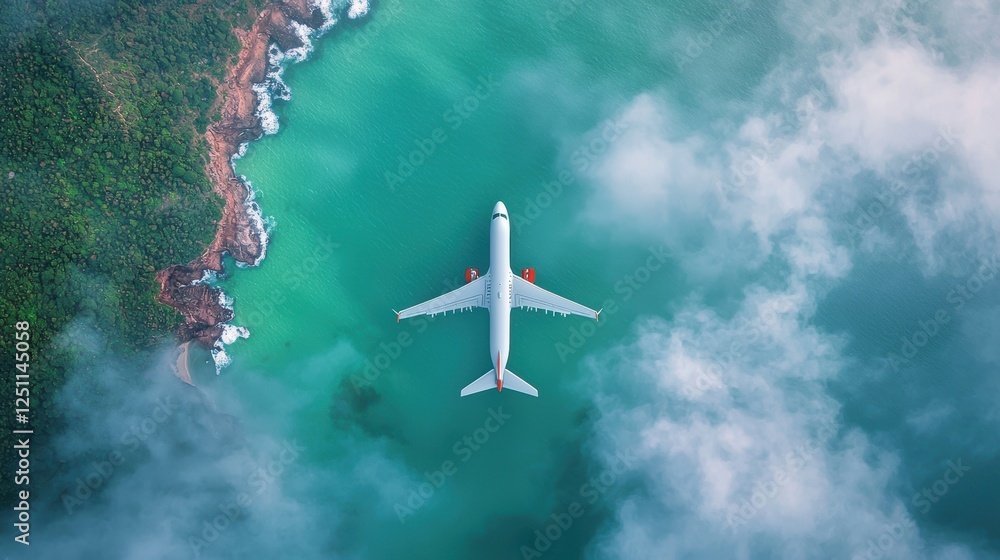 Naklejka premium An airplane soaring through the clouds above a picturesque coastline, representing the freedom of travel and global connectivity.
