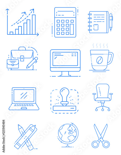 Office icons set in blue line art style for business and creative projects