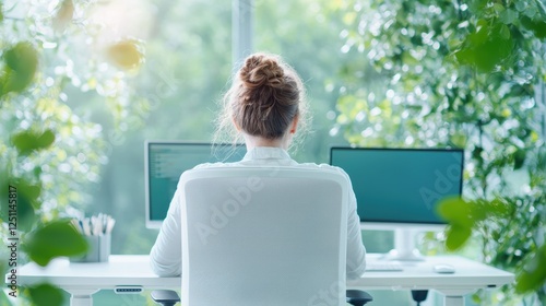 A person working remotely from a home office equipped with a standing desk, ergonomic chair, and multiple screens for optimal productivity. photo