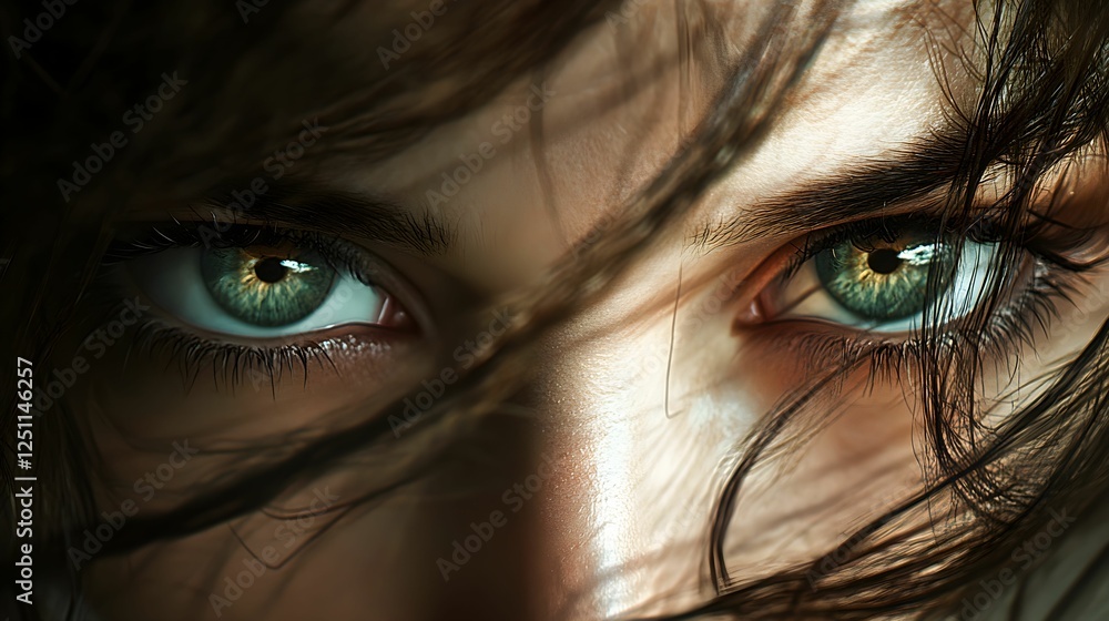 Fototapeta premium eyes, close-up, mysterious eyes, captivating gaze, intimate portrait, intense look, close shot, hyper-realistic, natural light, enigmatic, emotional depth, shadows, subtle highlights, facial expressio