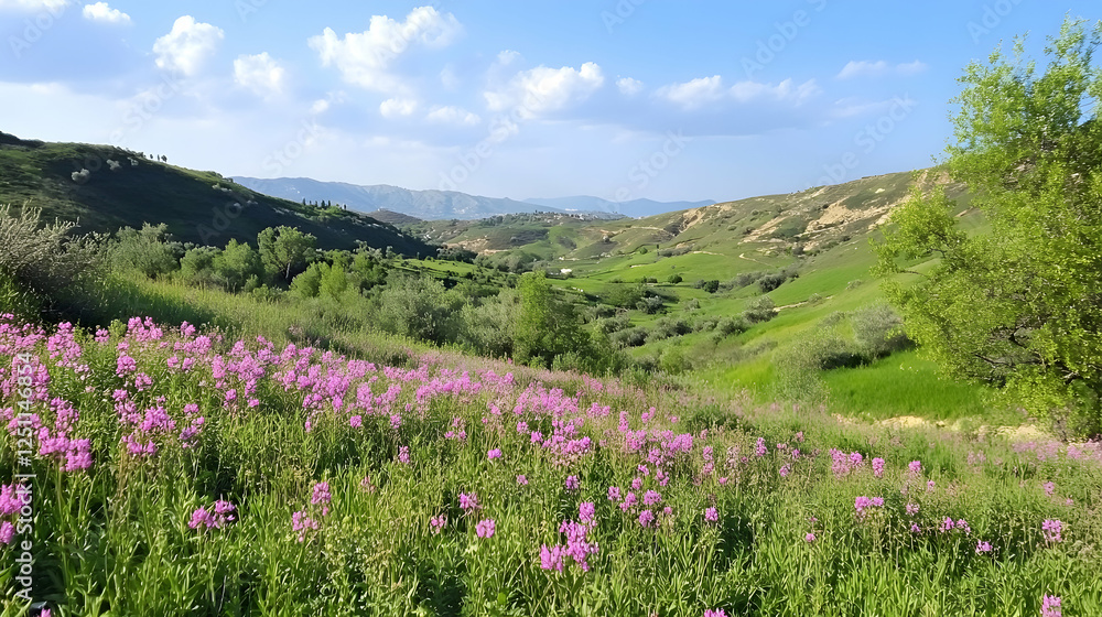 Spring meadow landscape of Utah mountains with wildflowers under blue sky. Scenic background for nature, travel, or outdoor themes Spring meadow landscape of Utah mountains with wildflowers under blue sky. Scenic background for nature, travel, or outdoor themes