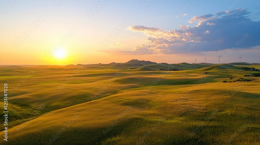 Golden Wheat Fields Under a Vibrant Sunset with Rolling Hills and Wind Turbines in the Distance Golden Wheat Fields Under a Vibrant Sunset with Rolling Hills and Wind Turbines in the Distance