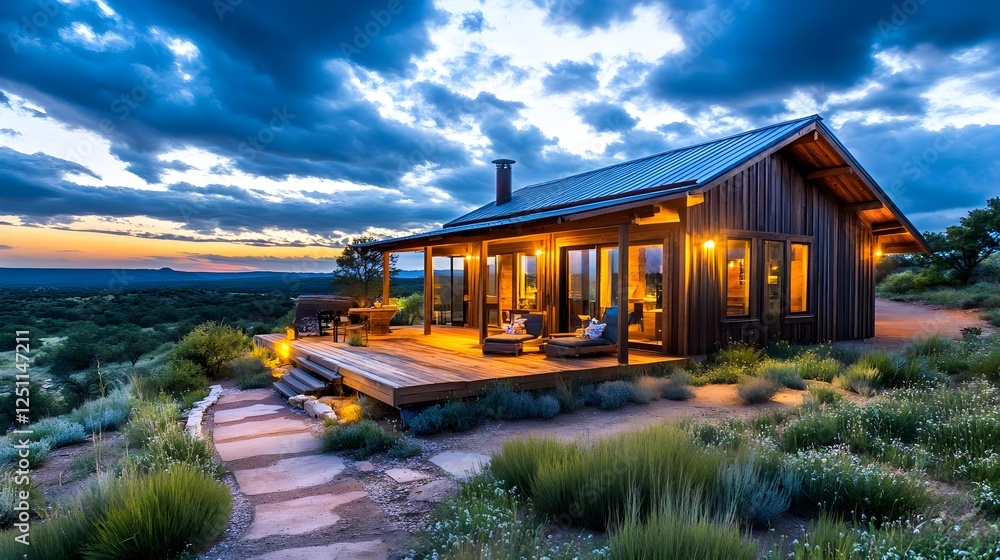 Obraz premium Modern Cabin Sunset Landscape - Sustainable & Eco-Friendly Design