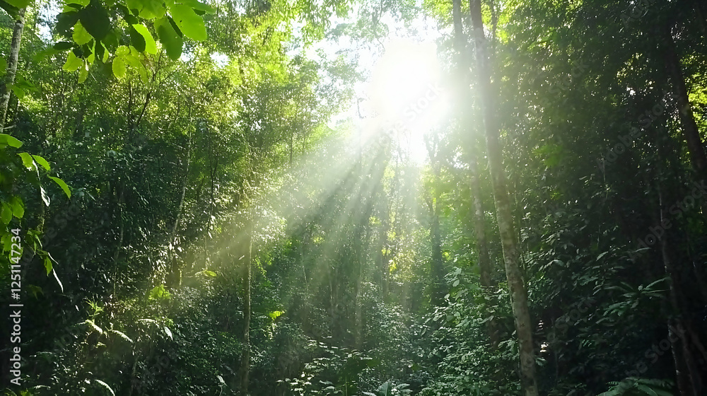 Obraz premium Sunbeams through trees in lush forest canopy, ideal for nature documentaries or scenic backgrounds