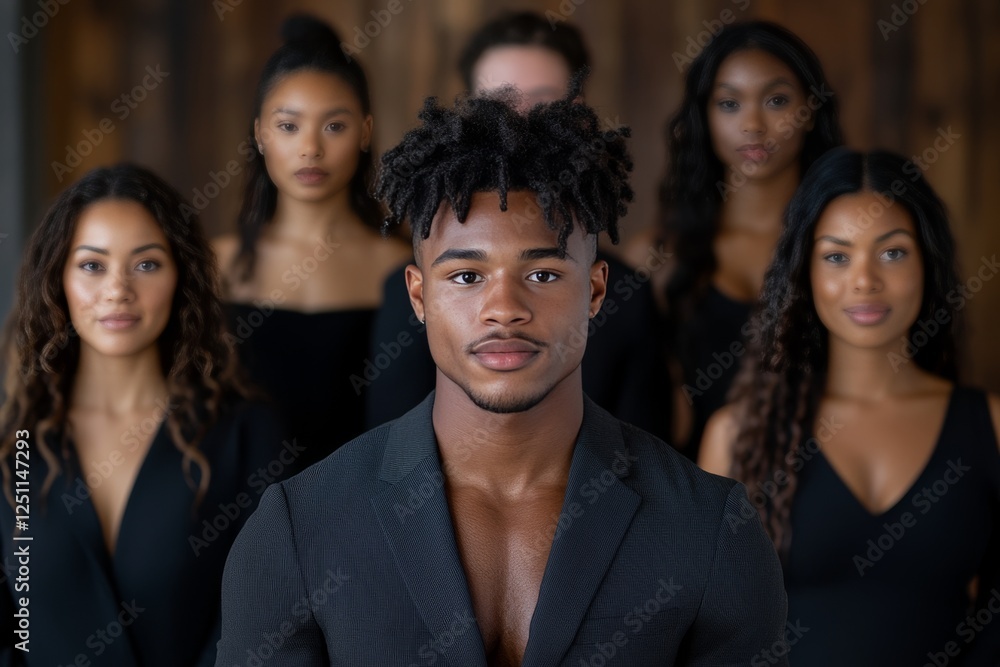 Fototapeta premium Group of six individuals posing confidently in sleek black outfits against a stylish wooden backdrop