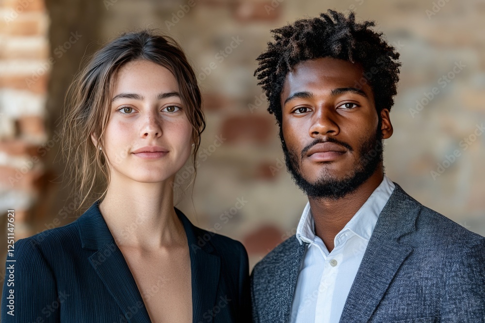 Two individuals pose confidently in a well-lit urban setting with a rustic backdrop during daytime Two individuals pose confidently in a well-lit urban setting with a rustic backdrop during daytime