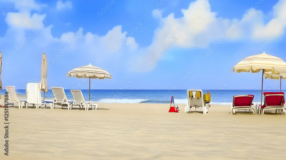 Fototapeta premium Tranquil beach scene with empty sunbeds, umbrellas, and gentle waves, ideal for travel promotion or summer vacation visuals