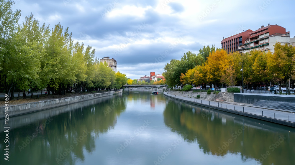 Tranquil urban river scene, colorful trees line the banks as the clouds gather above. Illustrative of city life and nature interaction Tranquil urban river scene, colorful trees line the banks as the clouds gather above. Illustrative of city life and nature interaction