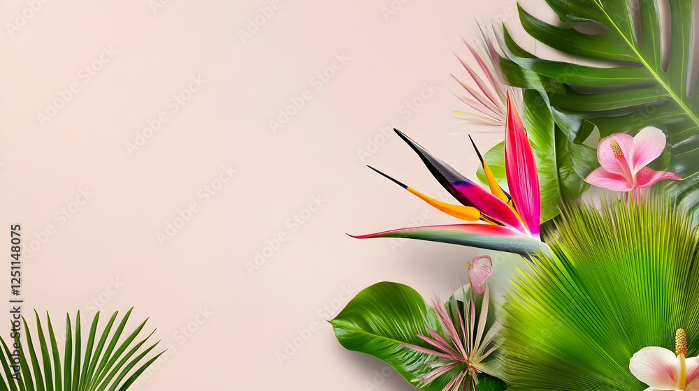 Obraz premium Tropical flowers, birds of paradise with monstera leaves create botanical, natural wallpaper background ideal for summer holiday designs