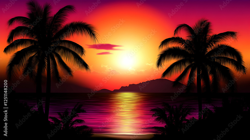 Tropical sunset background with palm trees and sea for holiday promotional content Tropical sunset background with palm trees and sea for holiday promotional content