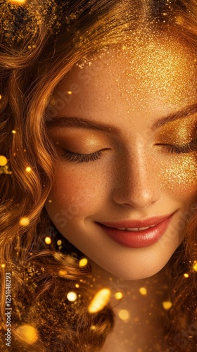 Beautiful woman with golden glitter on her face, showcasing a serene expression