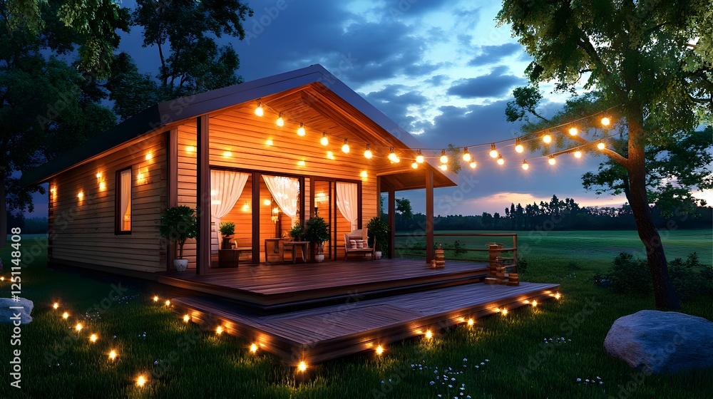 Naklejka premium Cozy Cabin Night: Wooden Cottage Exterior - Cozy spaces