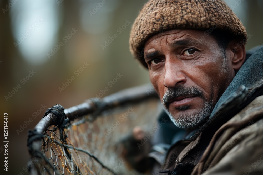 Fototapeta premium Man engaged in traditional fishing activity wearing a knitted hat in a serene natural setting during daylight