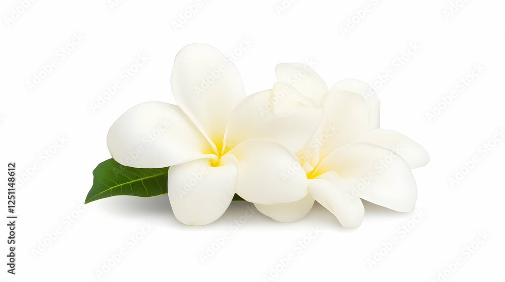 Naklejka premium Two white plumeria flowers next to each other with a leaf on a white background. Close up shot. Possibly used for cosmetic product