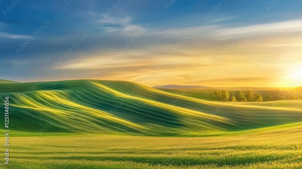 Obraz premium Golden Sunset Over Rolling Green Hills