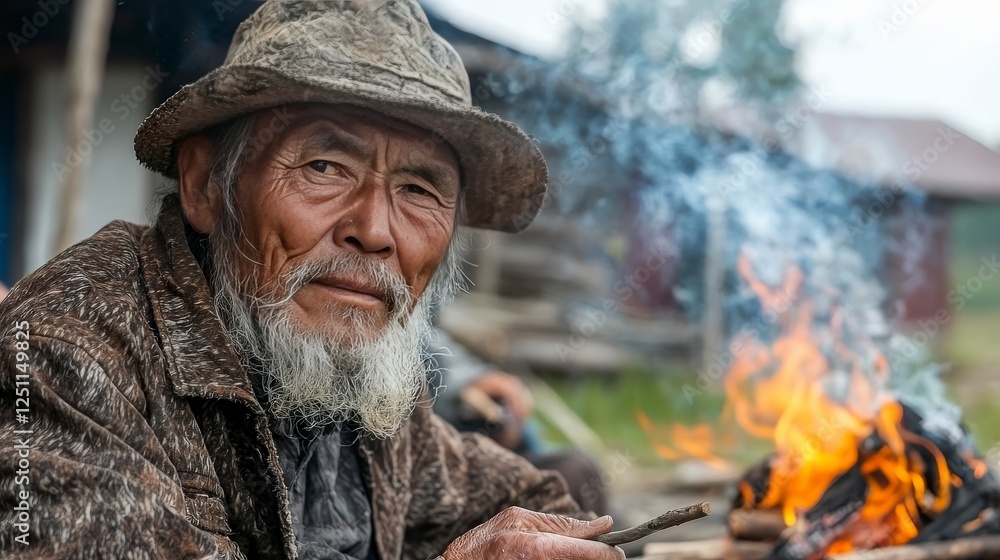 Wise Elder with Beard Sitting by Fire in Rustic Setting, Traditional Style Clothing and Hat Wise Elder with Beard Sitting by Fire in Rustic Setting, Traditional Style Clothing and Hat